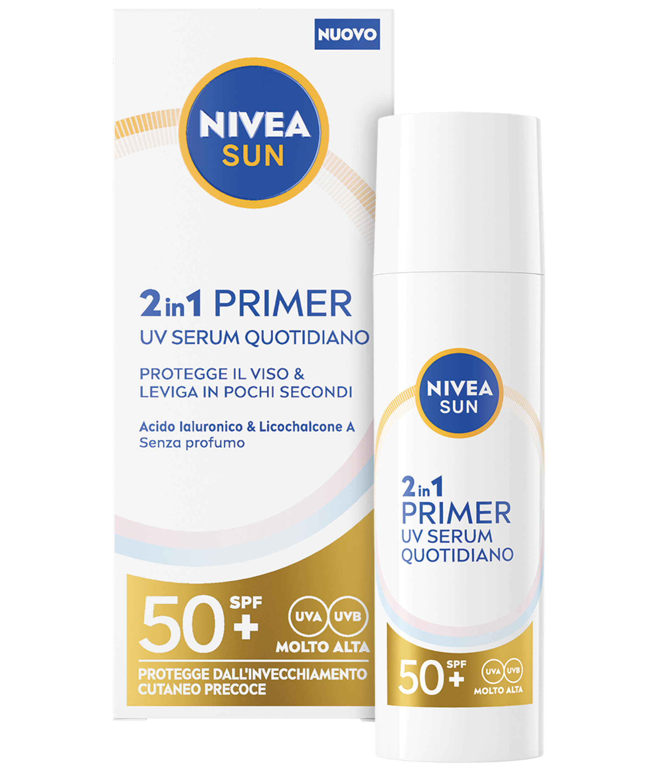 Nivea Sun 2In1 Primer Uv Serum Quotidiano SPF50+ 30 Ml, Siero Spf 50+ Viso Per Una Pelle Protetta E Levigata, Protezione Solare Viso Dal Finish Invisibile Ideale Come Base Per Il Make Up